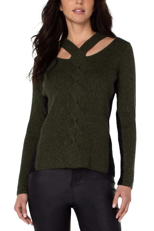 Liverpool Long Sleeve Cable Twist Neck Wrap Sweater In Pine Heather Black