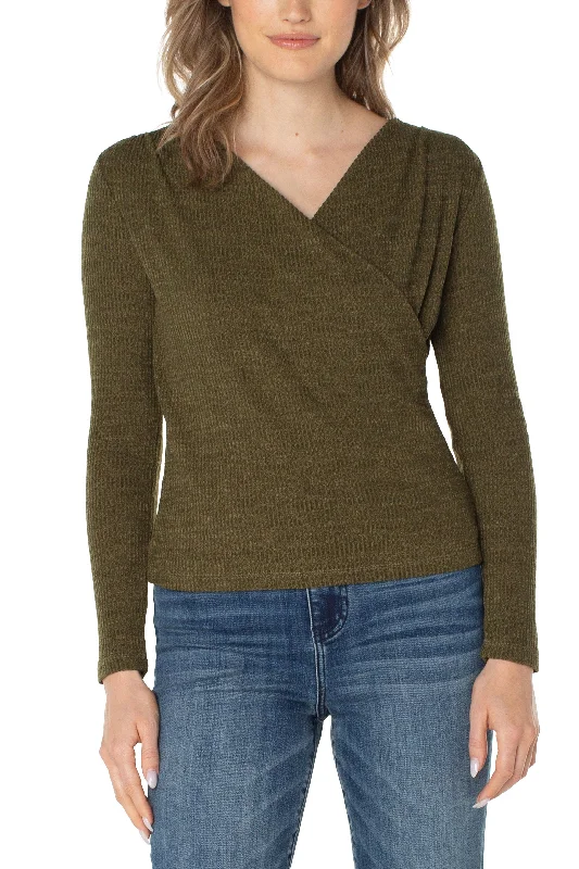 Liverpool Long Sleeve Drape Front Knit Top In Olive Melange