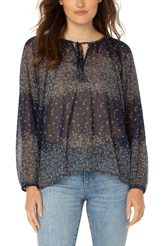 Liverpool Long Sleeve Shirred Blouse With Neck Tie In Midnight Garden