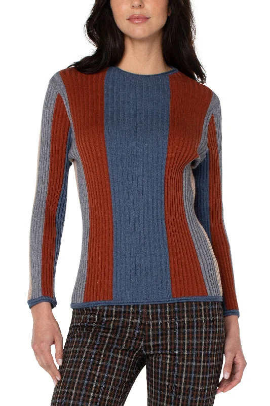 Liverpool Long Sleeve Striped Crew Neck Sweater In Chambray Multi