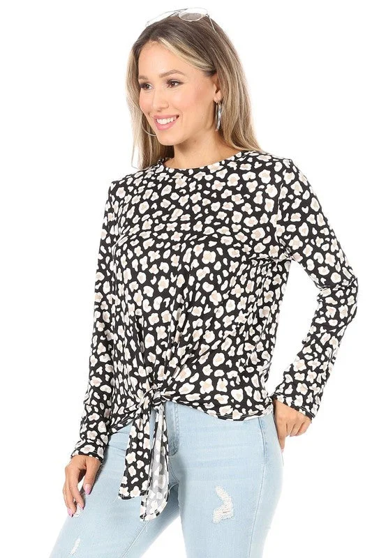 Long Sleeve Print Knot Front Top