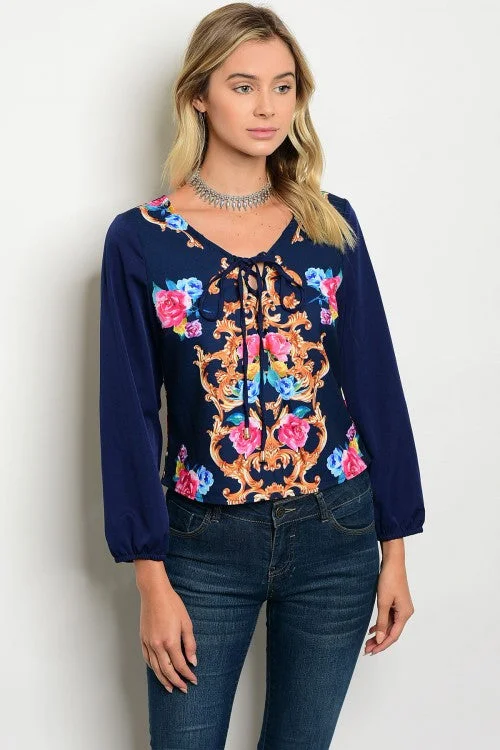 Navy Floral Print Long Sleeve Top