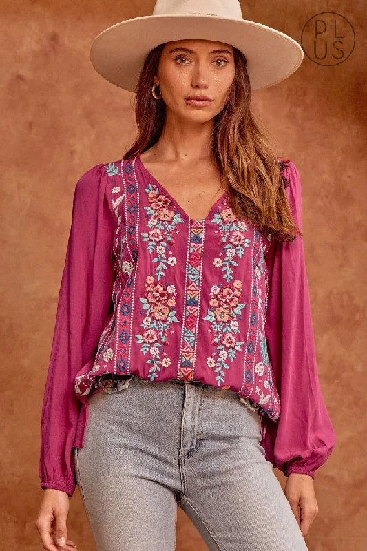 Savanna Jane Magenta Classic Embroidered Top With Long Sleeves Plus