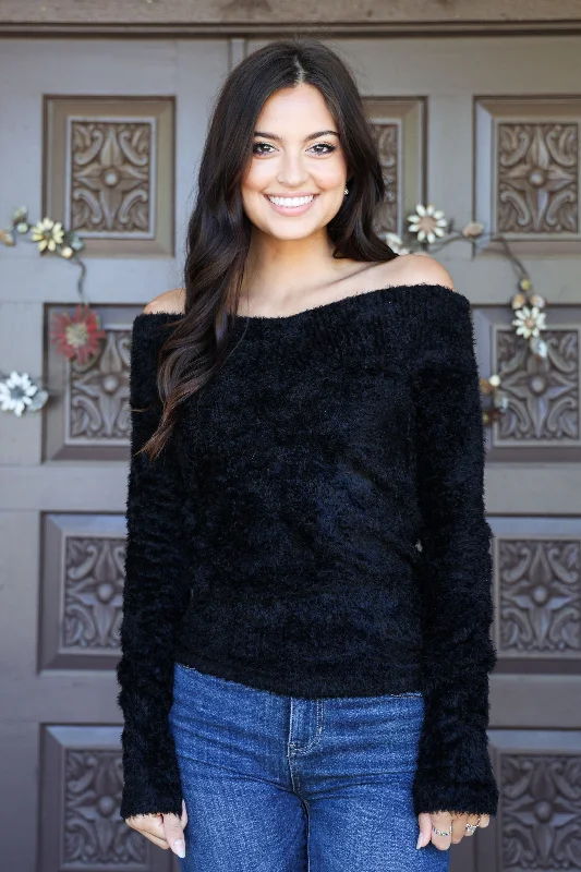 Scala Seamless Black Furry Long Sleeve Off The Shoulder Sweater