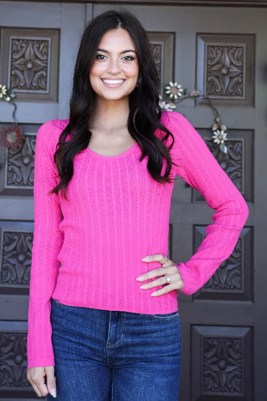 Scala Seamless Hot Pink Lace Long Sleeve U-Neckline Top