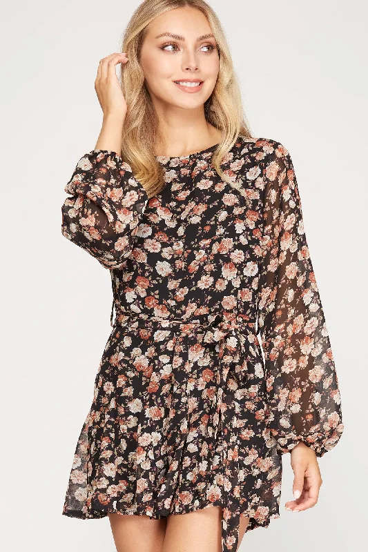 She And Sky Long Sleeve Floral Print Romper