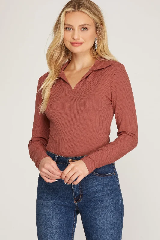 She And Sky Long Sleeve Ribbed Knit Collared Bodysuit With Snap Closure In Terracotta