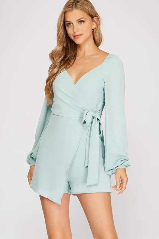 She And Sky Long Sleeve Surplice Woven Romper With Side Tie In Seafoam