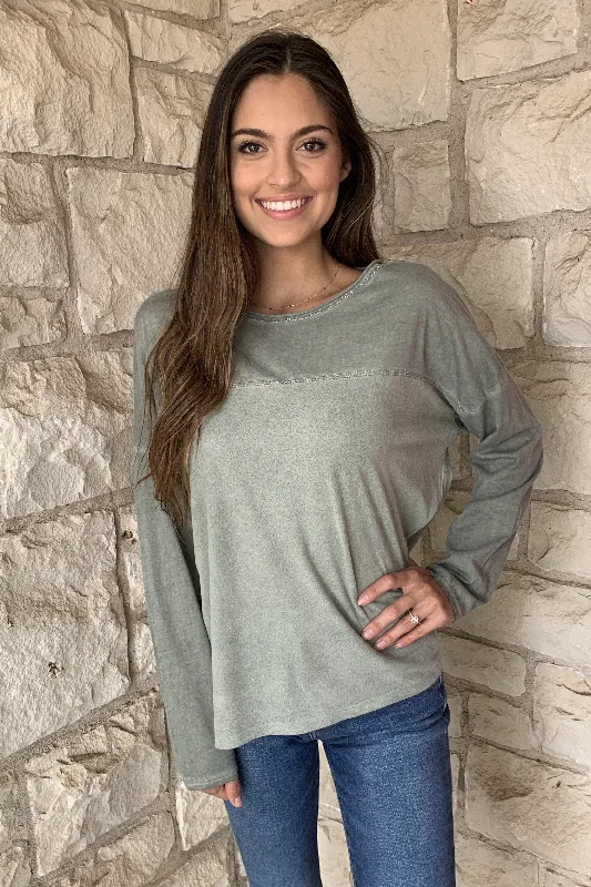 Tempo Olive Round Neck Long Sleeve Top With Silver Lurex Spakle