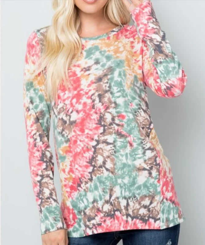 Tie Dye Print Round Neckline Long Sleeve Top