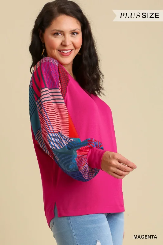 Umgee Round Neck Top With Mixed Print Long Sleeves And Side Slits In Magenta Plus