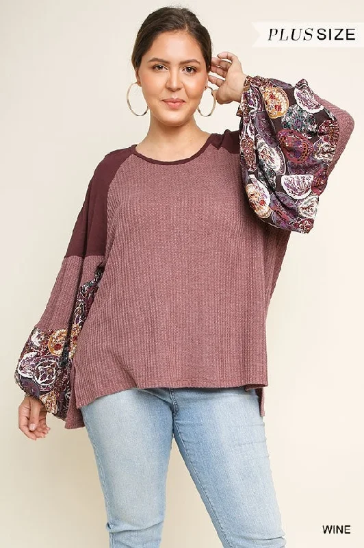 Umgee Wine Waffle Knit Long Sleeve Floral Print Plus Top