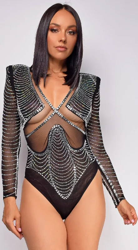 Yesly Black Rhinestone Mesh Long Sleeve Bodysuit